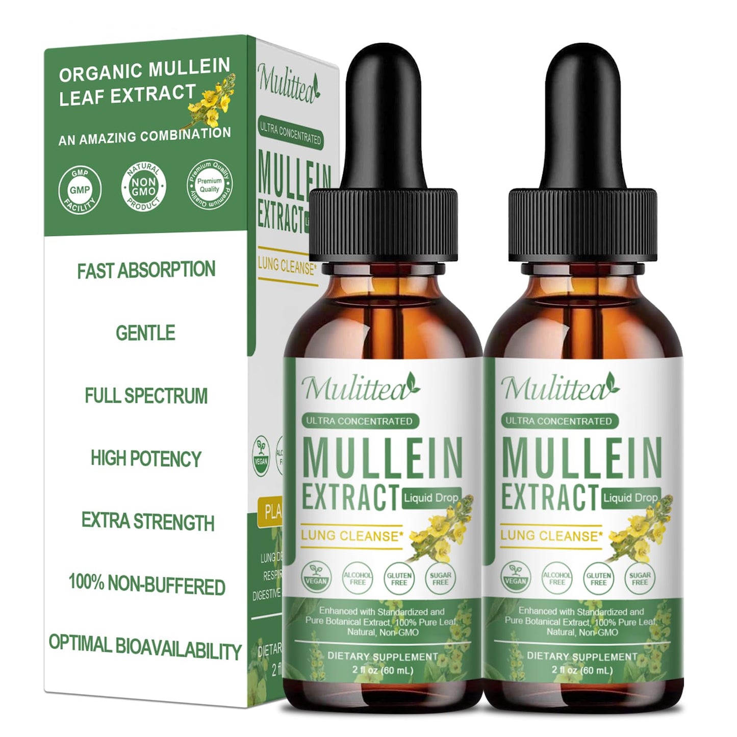 2 Packs Mullein Drops Liquid Tincture – Vegan Herbal Lung Detox, Immune & Digestive Support