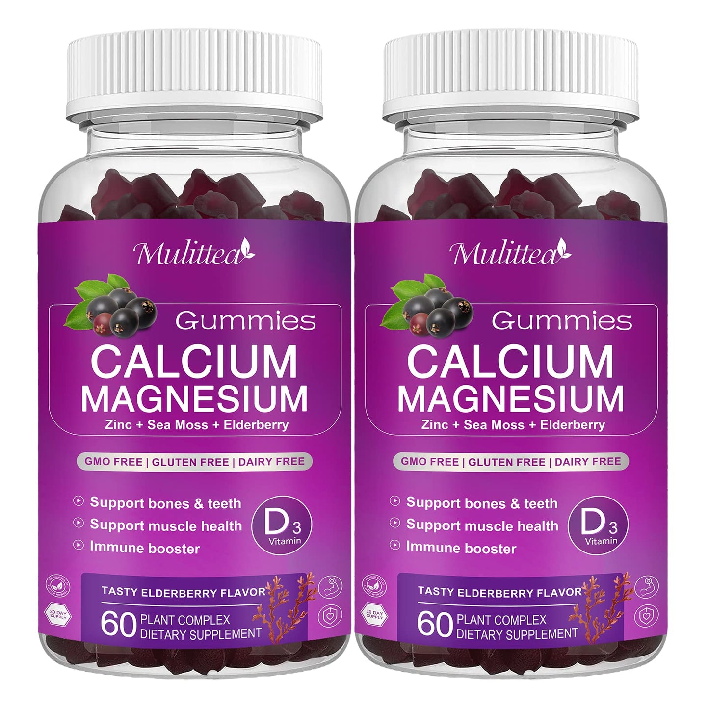 Calcium Magnesium Zinc Gummies with High Absorption Magnesium Glycinate 200mg, Potassium, D3, K2 & Sea Moss - Bone, Muscle, Mood & Sleep Support - Elderberry Flavor - Adults & Kids - 2 Pack
