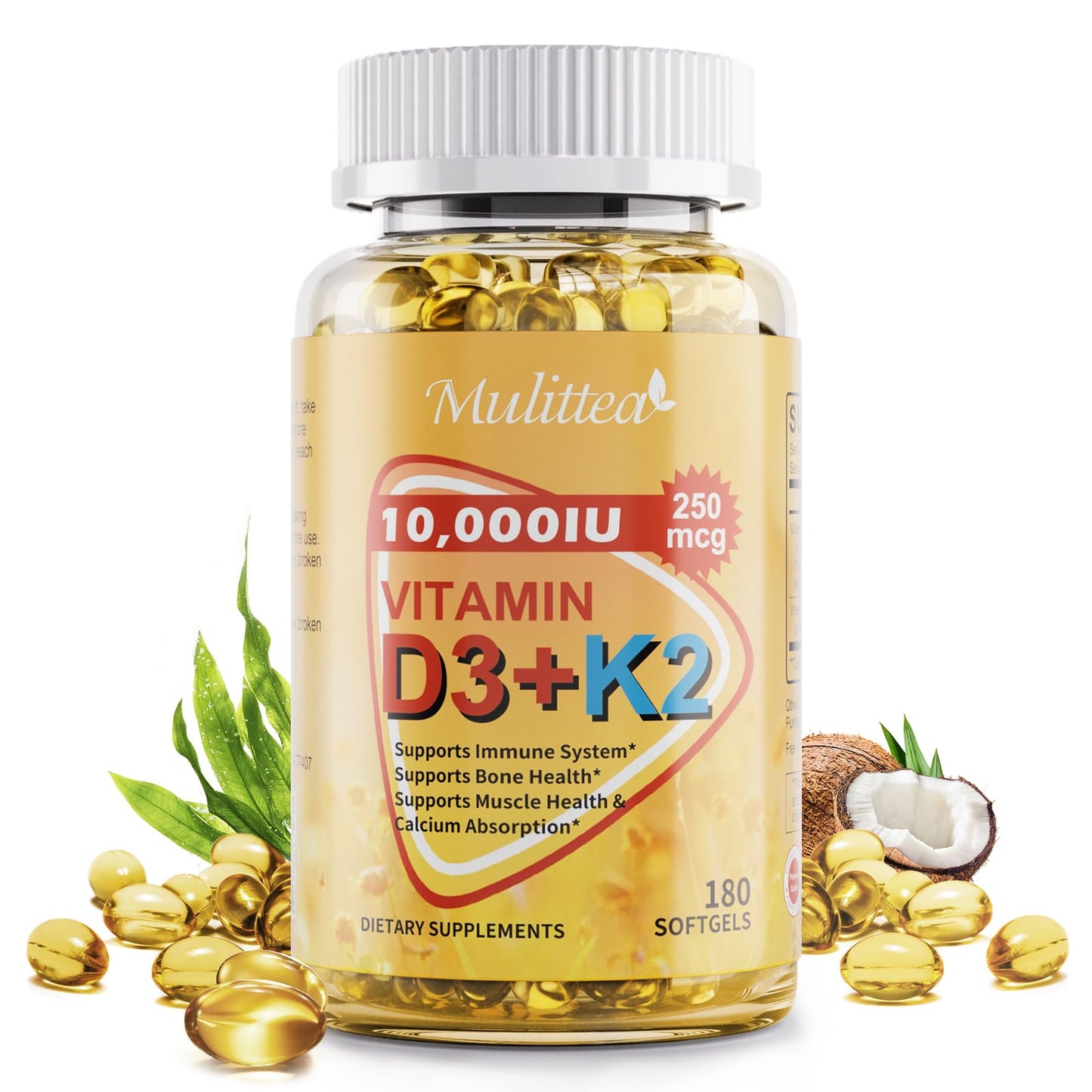 Vitamin D3 K2 Bone & Heart Health Formula – 10,000 IU Vitamin D3 & 200 mcg K2 (MK7) – Max Strength 2-in-1 Immune Support & Calcium Absorption – Gluten-Free, Coconut Oil Softgels