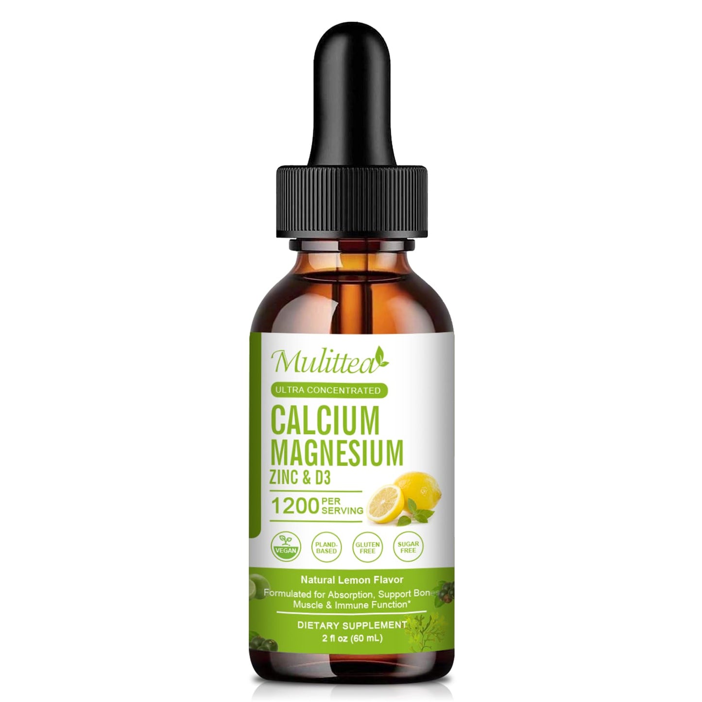 Calcium Magnesium Zinc Liquid with D3, K2 & C – High Absorption Plant-Based Supplement for Bone & Heart Support – Sugar-Free, Vegan – 30 Servings, Lemon Flavor