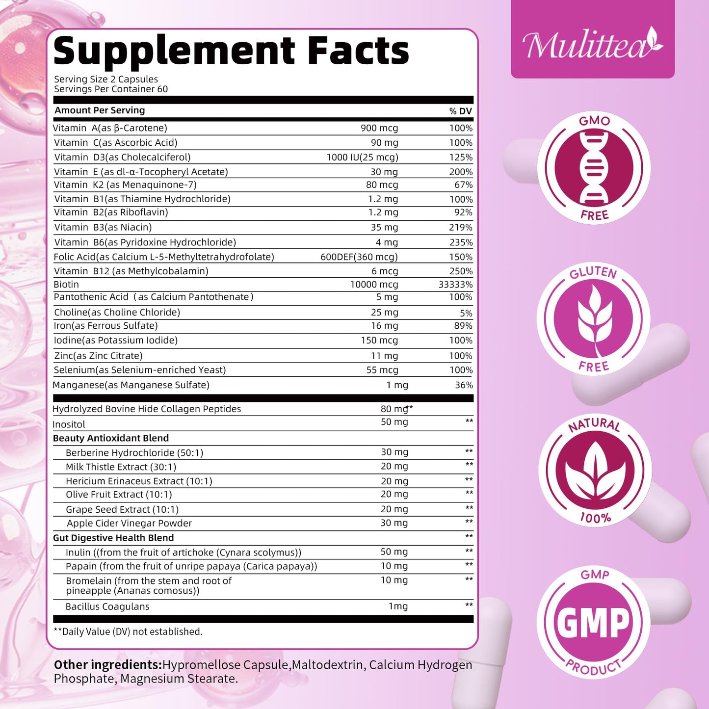 Close-Up of MULITTEA Multivitamin Supplement Label – Ingredients, Certifications, and Usage