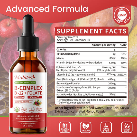 Mulittea Methylated B Complex Liquid Drops 5000 mcg B12 + 1000 mcg Folate – Sugar-Free Energy & Focus Supplement