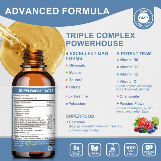 2 Packs Magnesium Glycinate Liquid Drops - Triple Absorption with Vitamin D3 & K2 for Nerve, Heart, Muscle & Metabolism Support