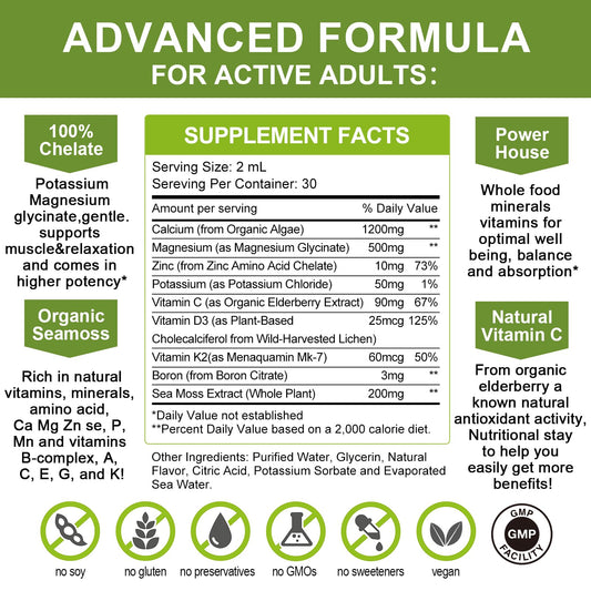 Calcium Magnesium Zinc Liquid with D3, K2 & C – High Absorption Plant-Based Supplement for Bone & Heart Support – Sugar-Free, Vegan – 30 Servings, Lemon Flavor