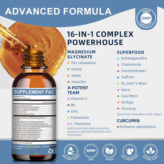 Liquid Magnesium Glycinate Drops – High‑Absorption Magnesium Complex w/ D3, B6, K2, L‑theanine – Berry Flavor, Sugar‑Free, Gentle on Stomach (Kids & Adults)