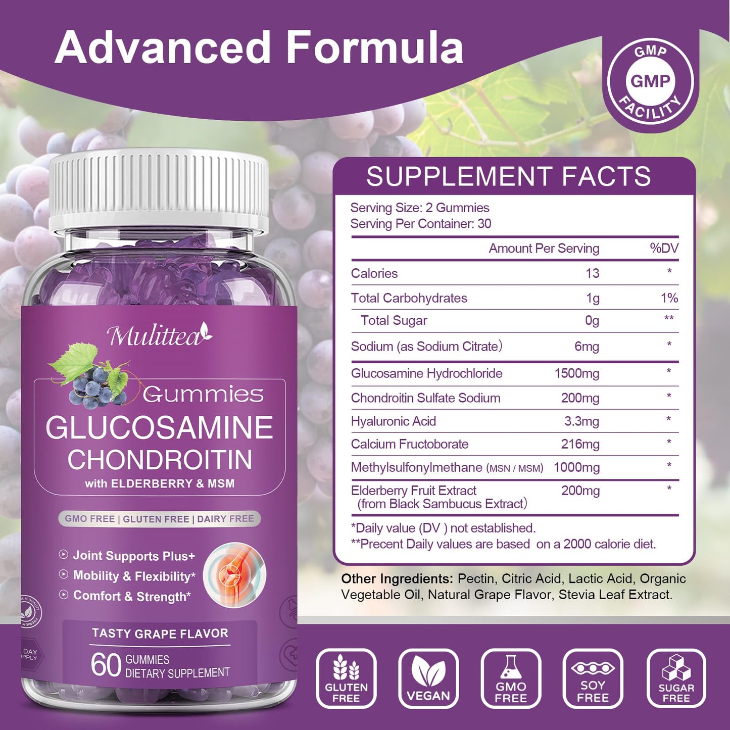 Glucosamine Chondroitin Gummies with MSM & Elderberry for Joint & Immune Support for Adults 2 Pack