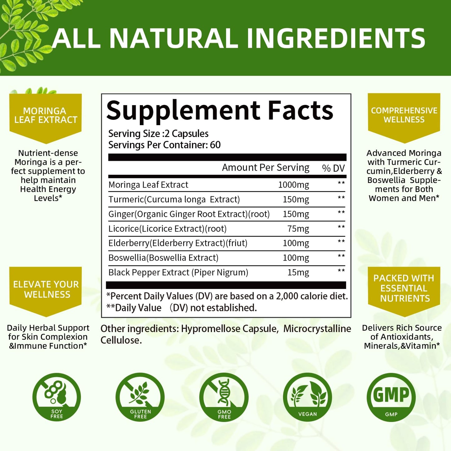 Moringa Capsules Organic 1000mg – 7-in-1 Superfood with Turmeric, Ginger, Elderberry, Licorice & Boswellia – Immune, Gut & Skin Support – Non-GMO, 120 Vegan Capsules (2-Month Supply)