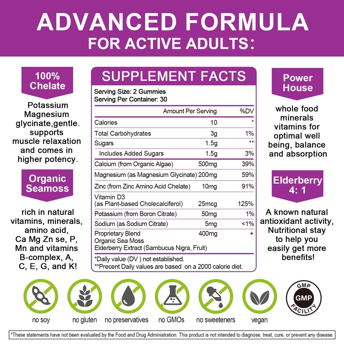 Calcium Magnesium Zinc Gummies with High Absorption Magnesium Glycinate 200mg, Potassium, D3, K2 & Sea Moss - Bone, Muscle, Mood & Sleep Support - Elderberry Flavor - Adults & Kids - 2 Pack
