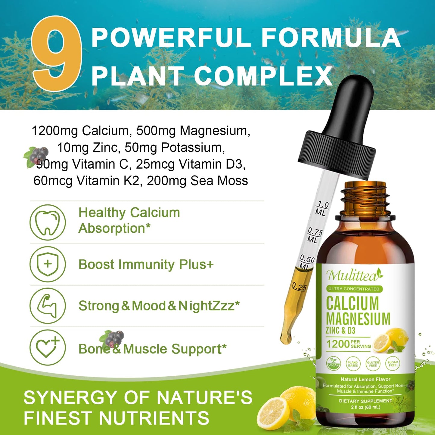 Calcium Magnesium Zinc Liquid with D3, K2 & C – High Absorption Plant-Based Supplement for Bone & Heart Support – Sugar-Free, Vegan – 30 Servings, Lemon Flavor