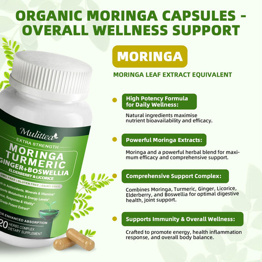 Moringa Capsules Organic 1000mg – 7-in-1 Superfood with Turmeric, Ginger, Elderberry, Licorice & Boswellia – Immune, Gut & Skin Support – Non-GMO, 120 Vegan Capsules (2-Month Supply)