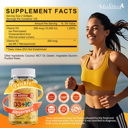 Vitamin D3 K2 Bone & Heart Health Formula – 10,000 IU Vitamin D3 & 200 mcg K2 (MK7) – Max Strength 2-in-1 Immune Support & Calcium Absorption – Gluten-Free, Coconut Oil Softgels