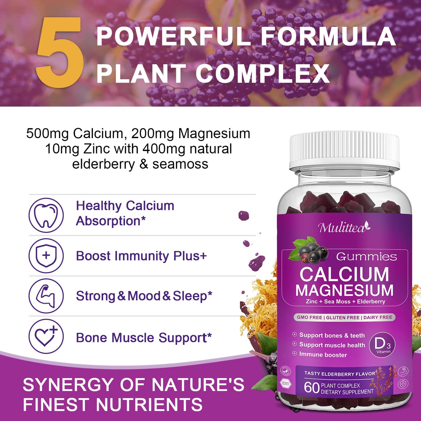 Calcium Magnesium Zinc Gummies with High Absorption Magnesium Glycinate 200mg, Potassium, D3, K2 & Sea Moss - Bone, Muscle, Mood & Sleep Support - Elderberry Flavor - Adults & Kids - 2 Pack