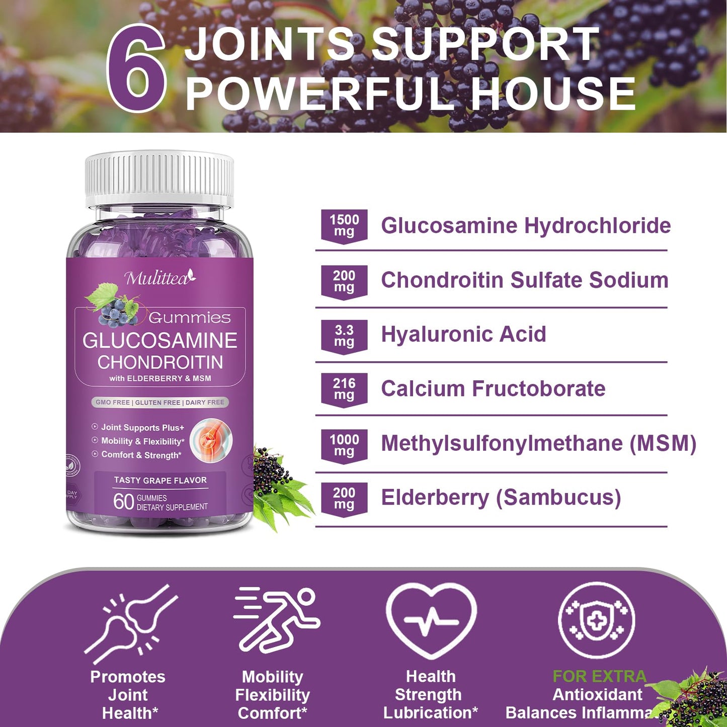 Glucosamine Chondroitin Gummies with MSM & Elderberry for Joint & Immune Support for Adults 2 Pack