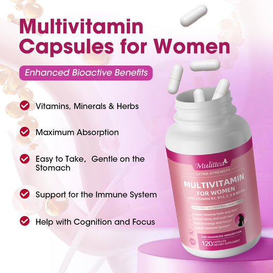 MULITTEA Women's Multivitamin – 31-in-1 Methylated Vitamins for Hair, Skin, Nails & Energy – with Biotin, Folate, A C D E, Zinc, Iron & Collagen – 120 Capsules