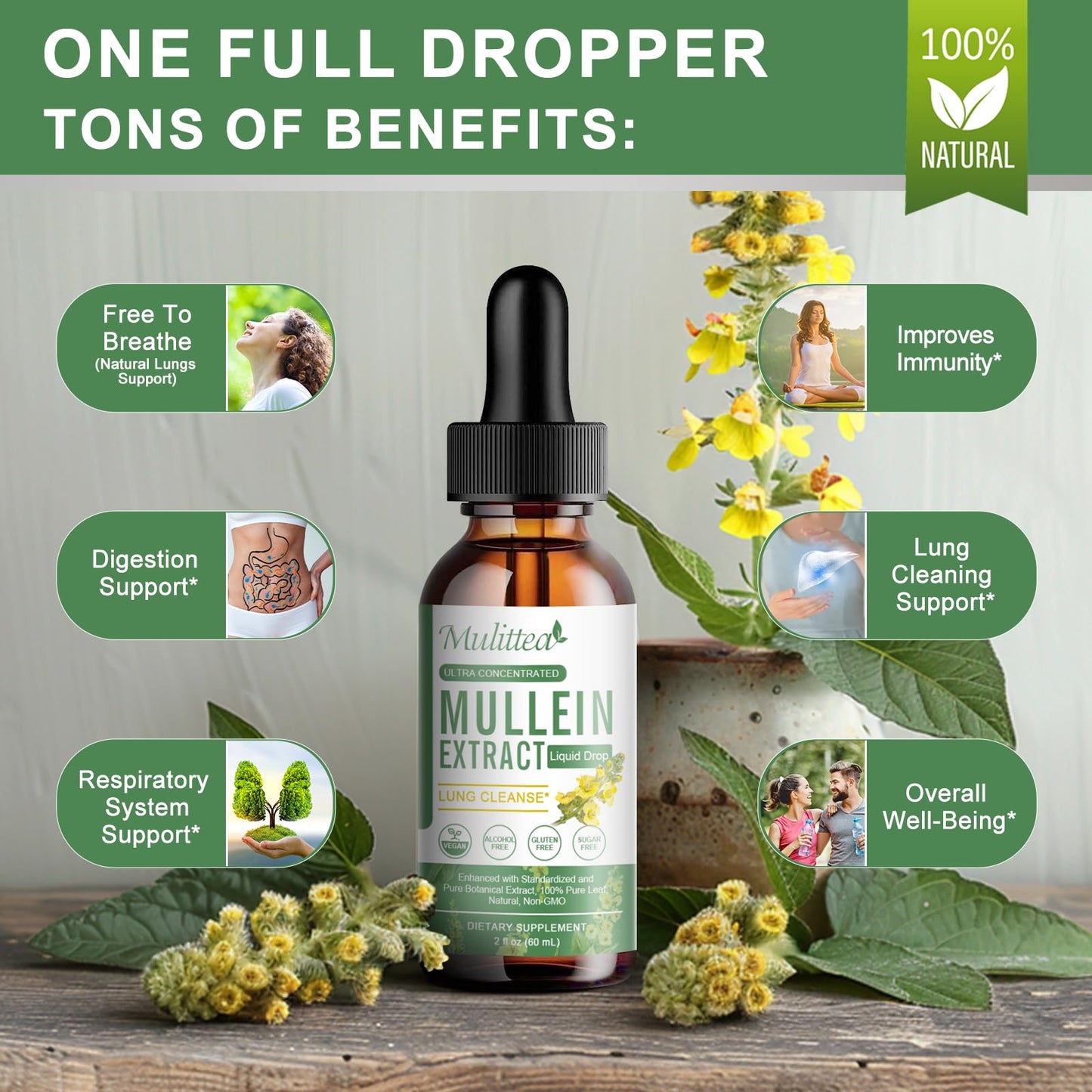 Mullein Drops for Lungs - Lung Cleanse & Detox- Vegan Mullein Leaf Extract Support Immune,Respiratory Digestive -9 Potent Herbal Supplement to Renew -As Liquid, Tincture