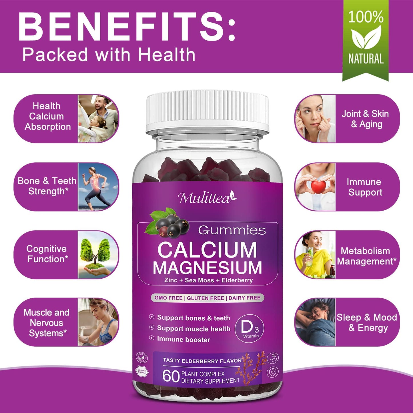 Calcium Magnesium Zinc Gummies with High Absorption Magnesium Glycinate 200mg, Potassium, D3, K2 & Sea Moss - Bone, Muscle, Mood & Sleep Support - Elderberry Flavor - Adults & Kids - 2 Pack