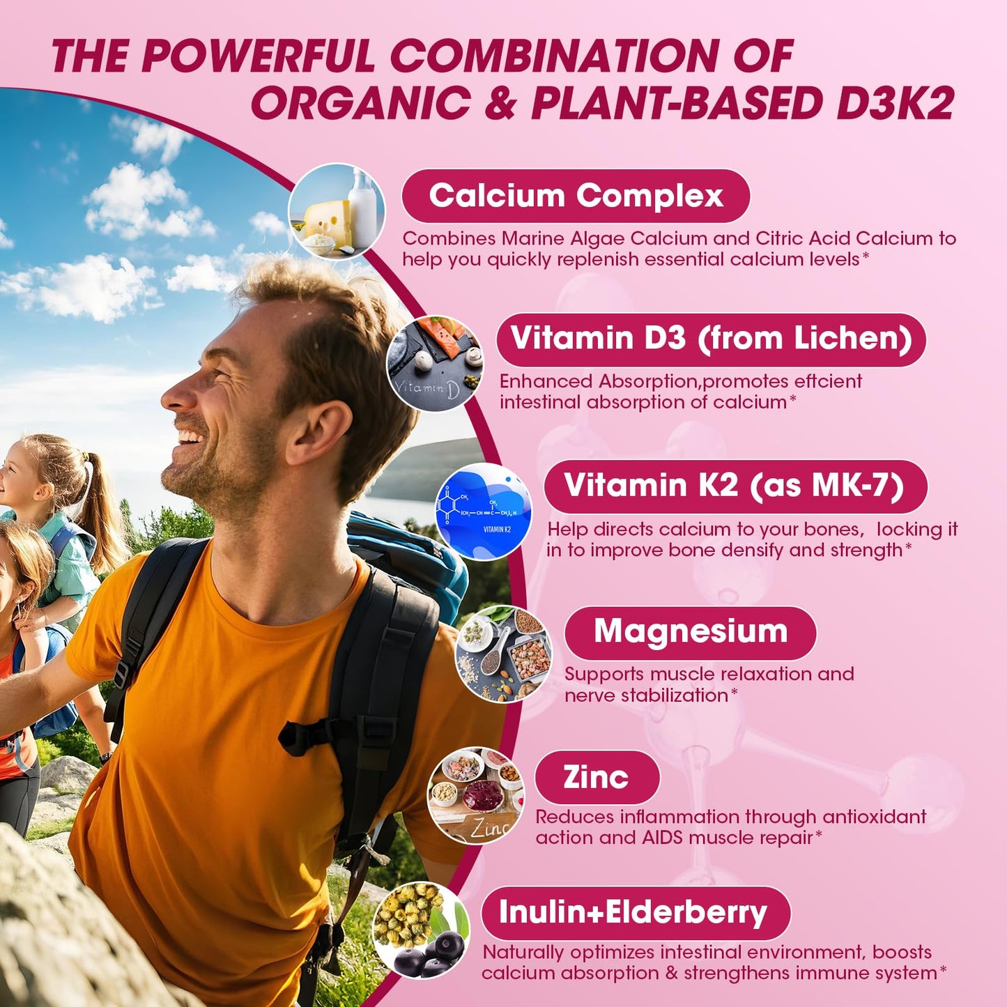 Vitamin D3 K2 Gummies 10,000 IU with Calcium, Magnesium, Zinc & Inulin – Sugar-Free, Elderberry Flavor – 2 Pack