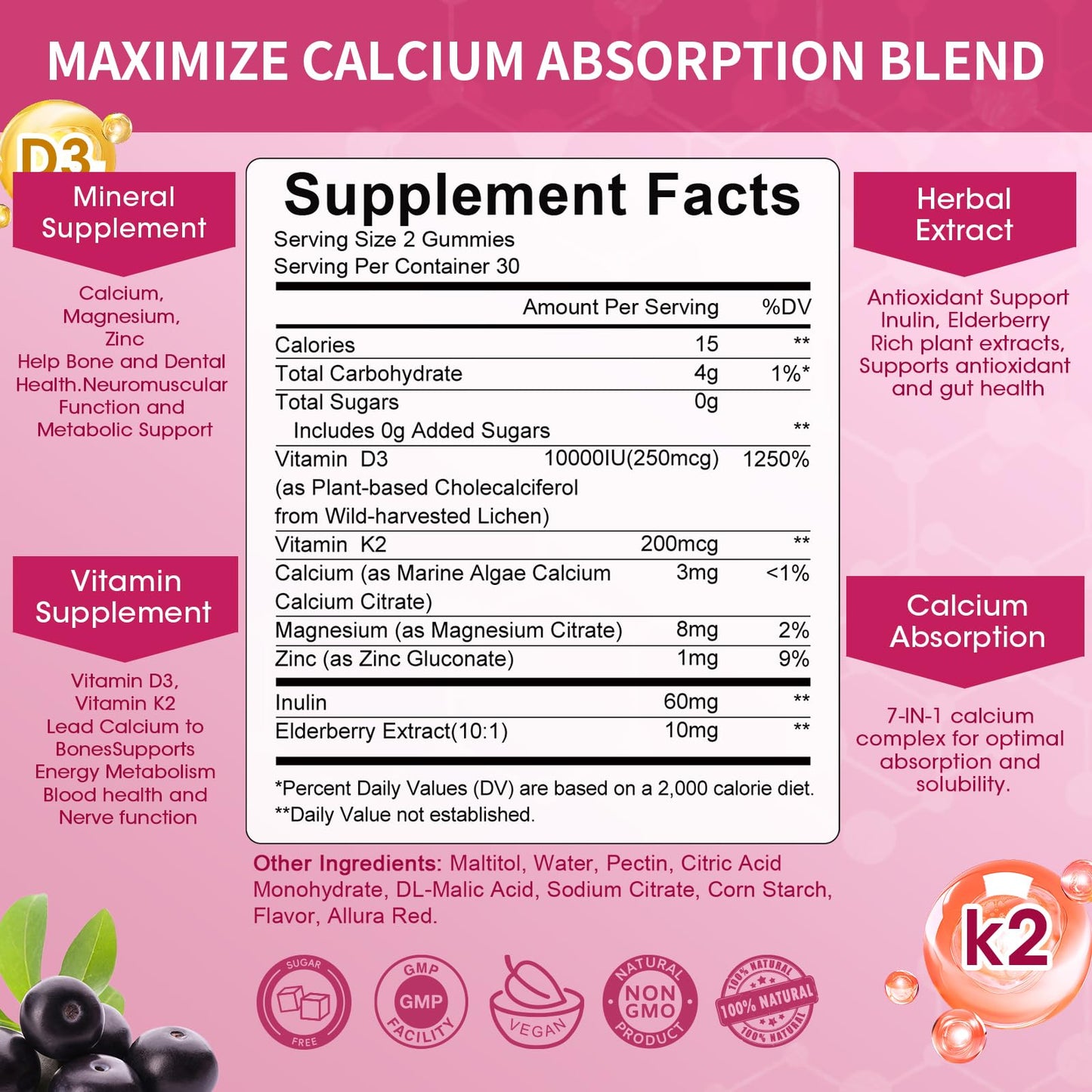 Vitamin D3 10000iu with K2 (MK7) 200mcg -Formulated with Calcium Magnesium Zinc & Inulin–Immune Support, Bone & Heart Health, Enhanced Absorption, Sugar-Free Gummies -Elderberry Flavor-2 PACKs