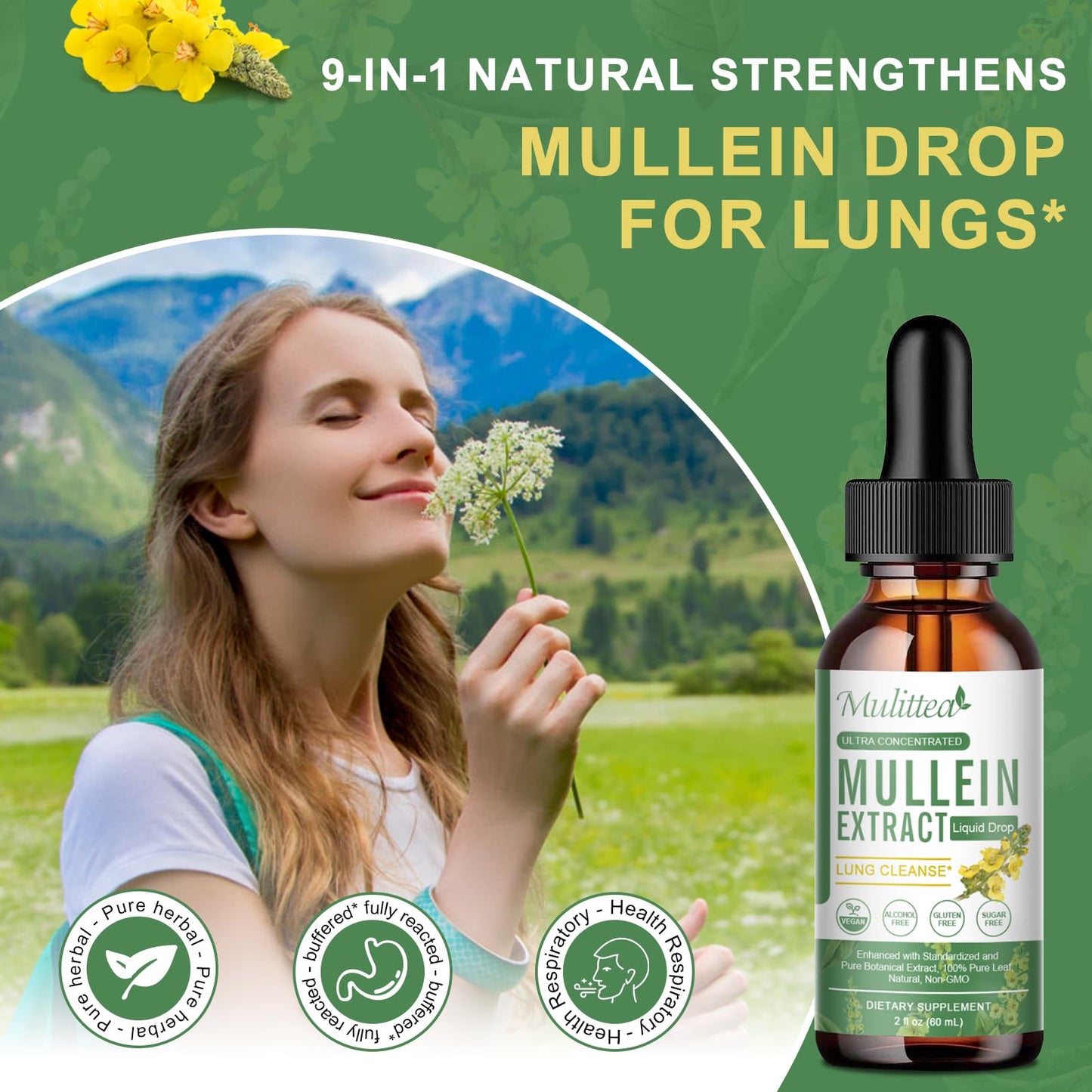Mullein Drops for Lungs - Lung Cleanse & Detox- Vegan Mullein Leaf Extract Support Immune,Respiratory Digestive -9 Potent Herbal Supplement to Renew -As Liquid, Tincture