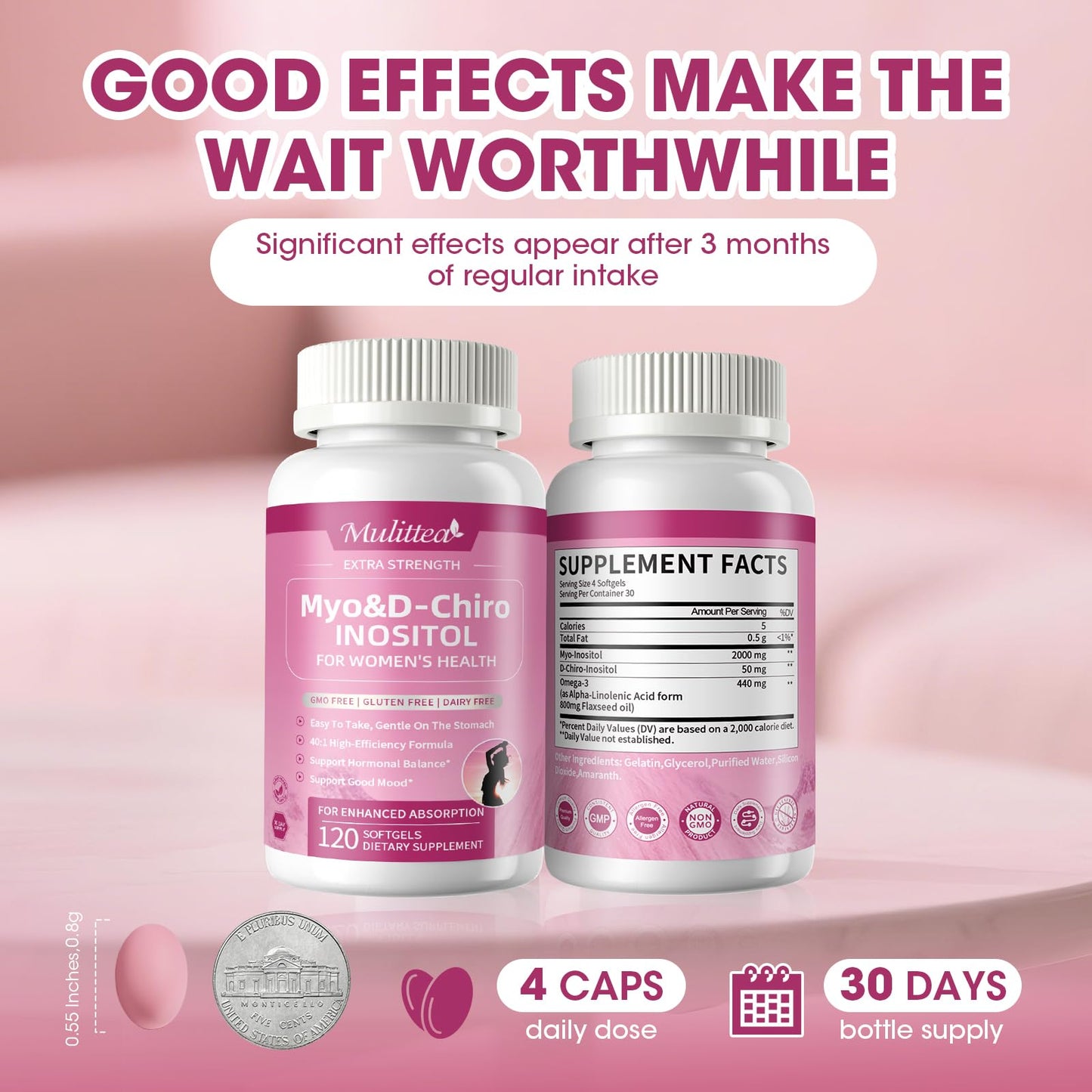 Myo-Inositol & D-Chiro Inositol Softgels for Women – 40:1 Ratio with Omega-3 – Hormone & Cycle Support – 120 Softgels – Mulittea