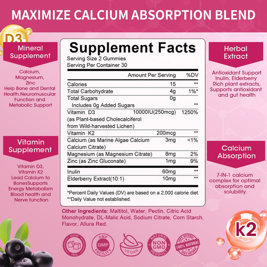 Mulittea D3 K2 Gummies (2-Pack) | 10,000 IU, Sugar-Free, Cal Mag Zinc | Bone & Immune Support | Elderberry