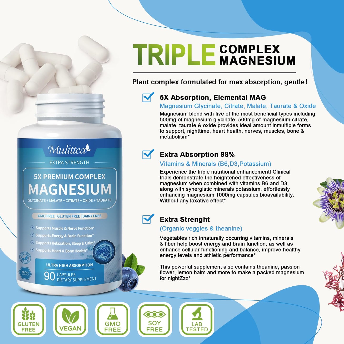5-in-1 Magnesium Glycinate Complex | Stress, Sleep & Muscle Support – Vegan Capsules