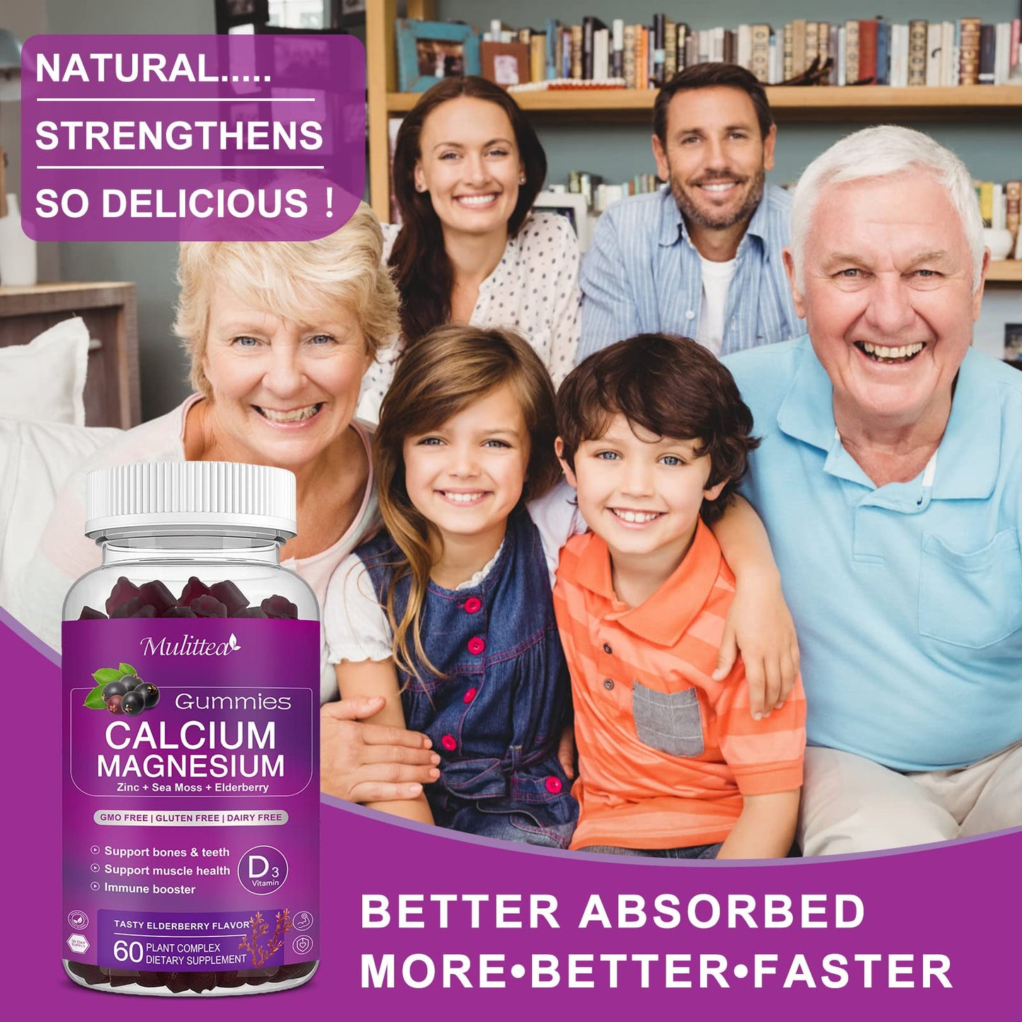 Calcium Magnesium Zinc Gummies with High Absorption Magnesium Glycinate 200mg, Potassium, D3, K2 & Sea Moss - Bone, Muscle, Mood & Sleep Support - Elderberry Flavor - Adults & Kids - 2 Pack