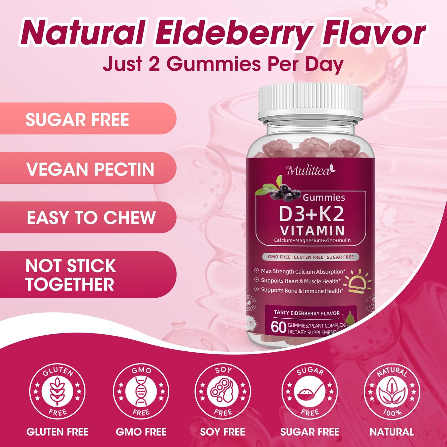 Vitamin D3 K2 Gummies 10,000 IU with Calcium, Magnesium, Zinc & Inulin – Sugar-Free, Elderberry Flavor – 2 Pack