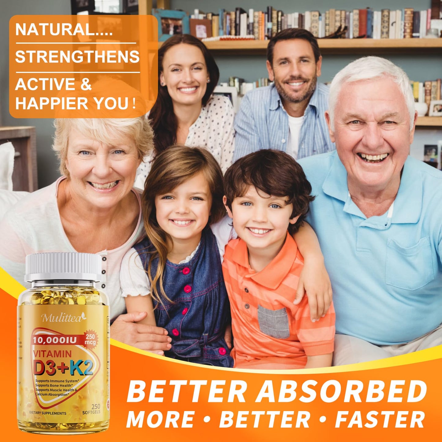 Vitamin D3 K2, Bone and Heart Health Formula 10000 IU Vitamin D3 & 200 mcg Vitamin K2, Max Strength 2 in 1 Immune Support and Calcium Absorption, Gluten Free 250 Count