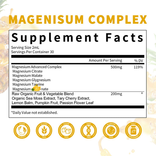 Magnesium 500mg Liquid Drops – High Absorption 5-in-1 Magnesium Complex with Glycinate, Malate, Citrate & Taurate – Vegan, Sugar-Free – 2 Fl.oz