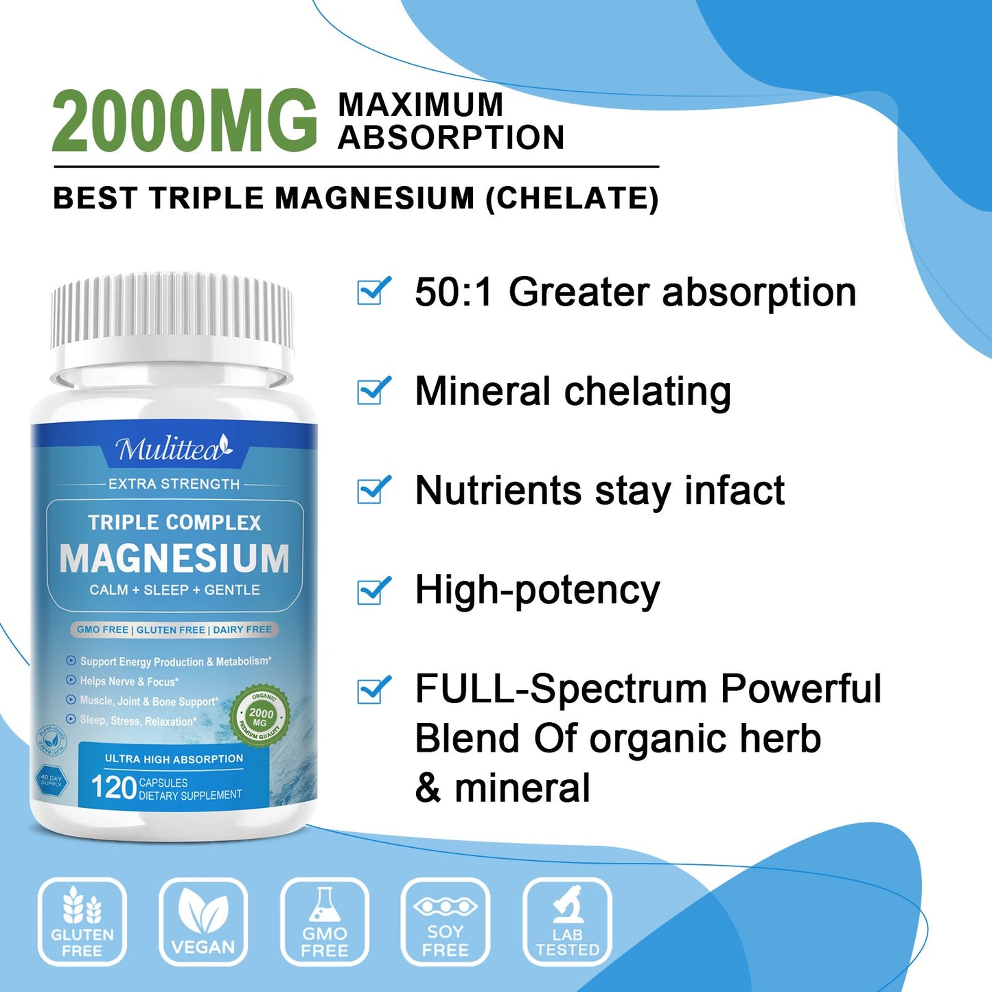 2000mg Triple Magnesium Complex - With Magnesium Glycinate, Malate, & Citrate for Muscles, Nerves, & Energy | High Absorption | Vegan, Non-GMO | 60 Capsules