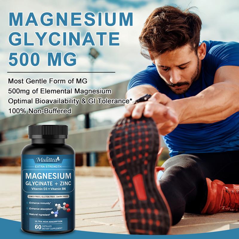 Mulittea Magnesium Glycinate 500mg Capsules with Zinc Vitamin D3 & B6 -120ct