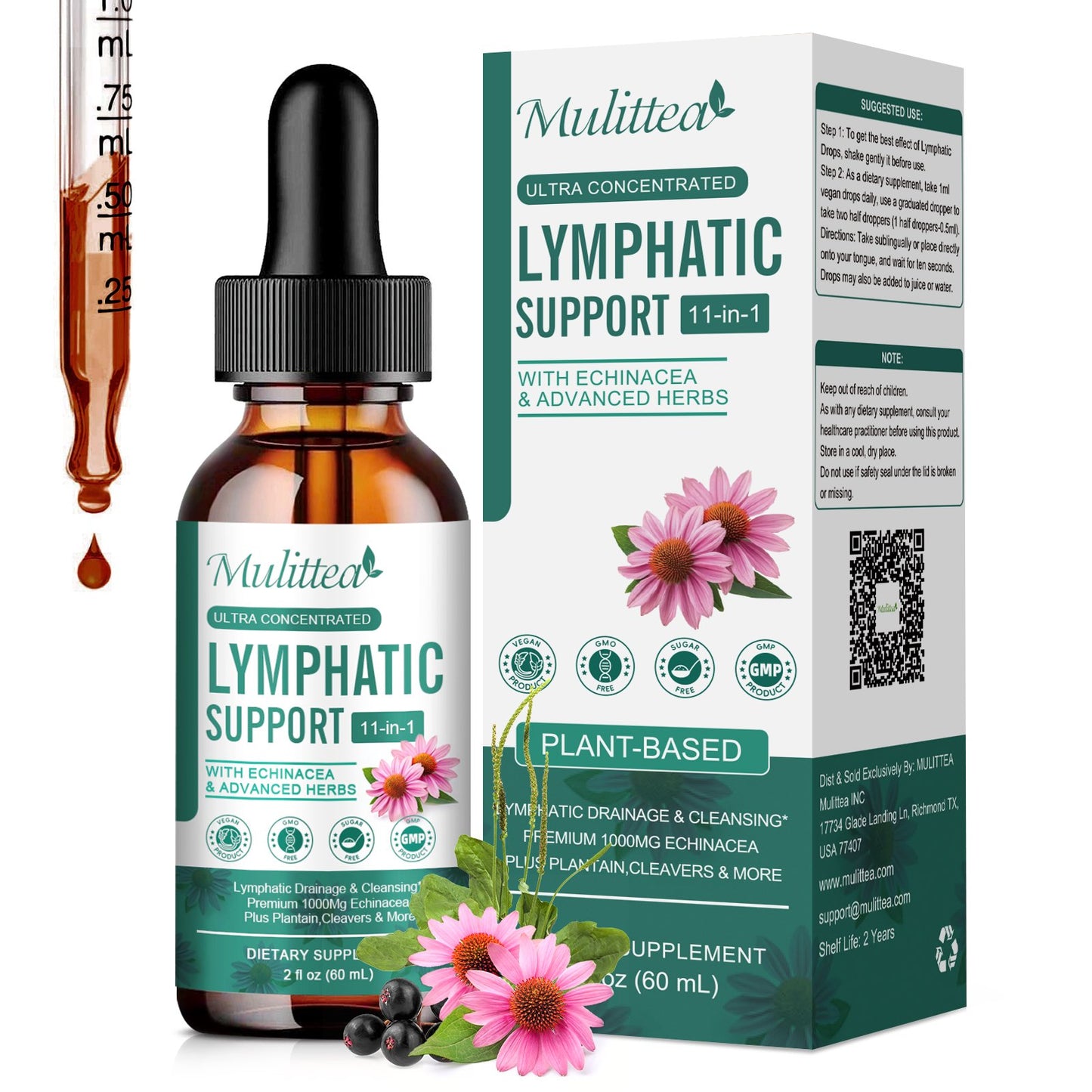 Lymphatic Drainage Drops – Vegan 11-in-1 Herbal Blend for Lymph System Support & Detox – Echinacea, Elderberry, Thyme & More – 2 Fl.oz