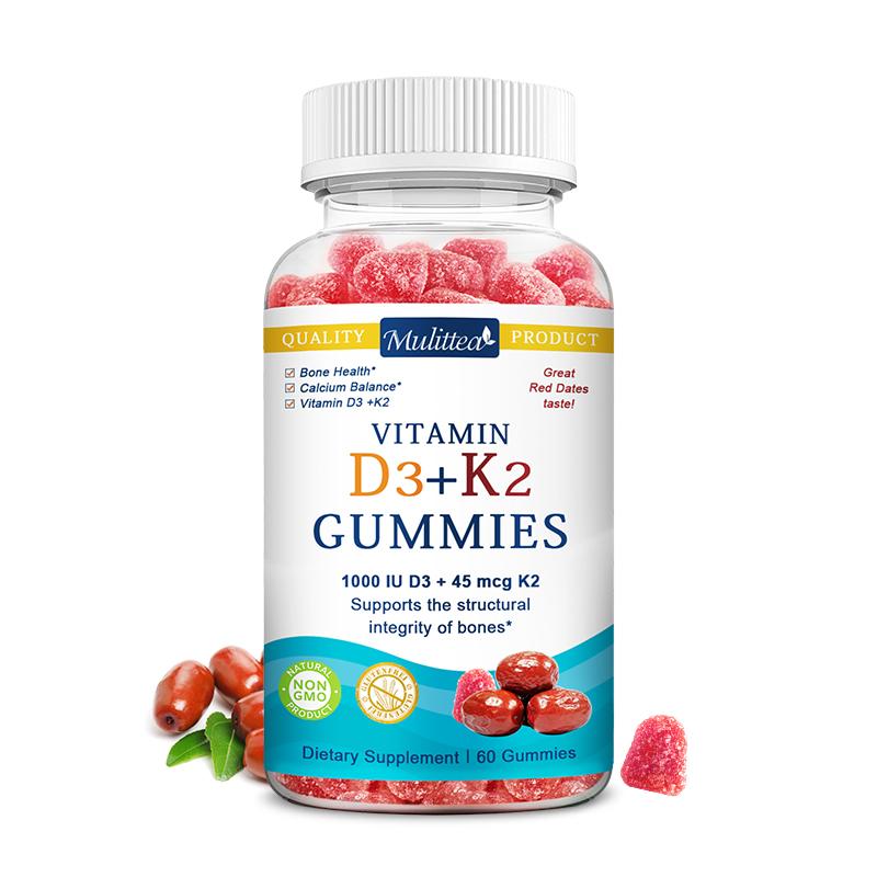 Mulittea Vitamin D3 + K2 Gummies – 1000 IU D3 & 45 mcg K2 – Bone & Muscle Support, Non-GMO, Gelatin-Free