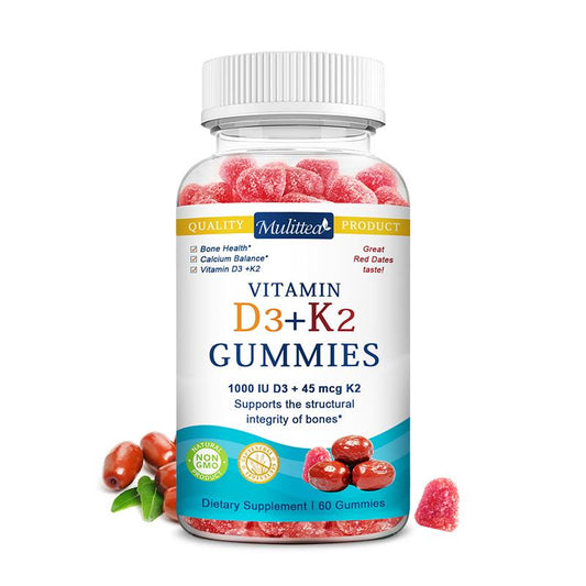 Mulittea Vitamin D3 + K2 Gummies – 1000 IU D3 & 45 mcg K2 – Bone & Muscle Support, Non-GMO, Gelatin-Free