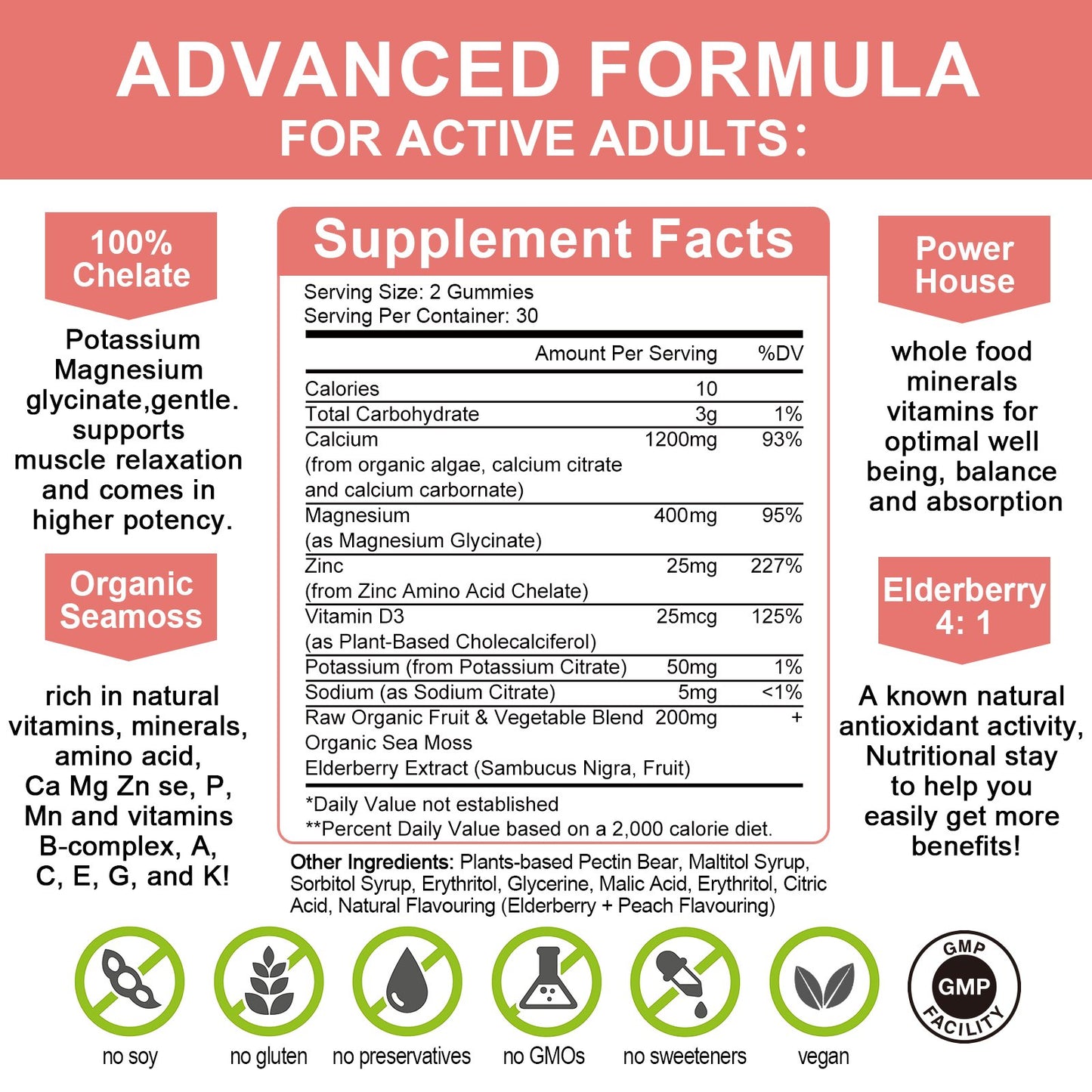 1200mg Calcium Gummies with D3,Zinc - Plant Complex Calcium Magnesium Supplement with Glycinate,Potassium,Vitamin C &Whole Natural Food for Bone & Immune Support- 120 Chewable Gummy Sugar-Free
