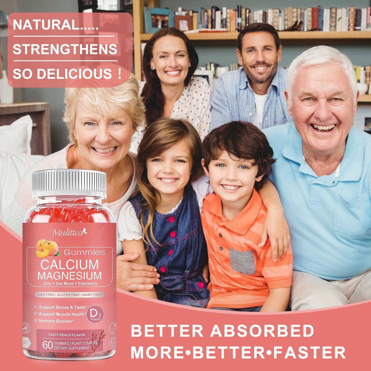 1200mg Calcium Gummies with D3,Zinc - Plant Complex Calcium Magnesium Supplement with Glycinate,Potassium,Vitamin C &Whole Natural Food for Bone & Immune Support- 120 Chewable Gummy Sugar-Free