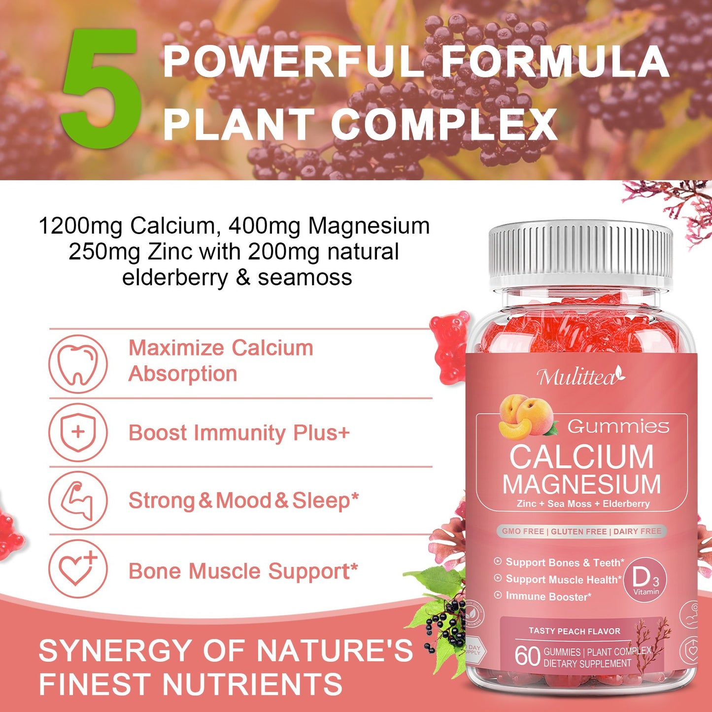 1200mg Calcium Gummies with D3,Zinc - Plant Complex Calcium Magnesium Supplement with Glycinate,Potassium,Vitamin C &Whole Natural Food for Bone & Immune Support- 120 Chewable Gummy Sugar-Free