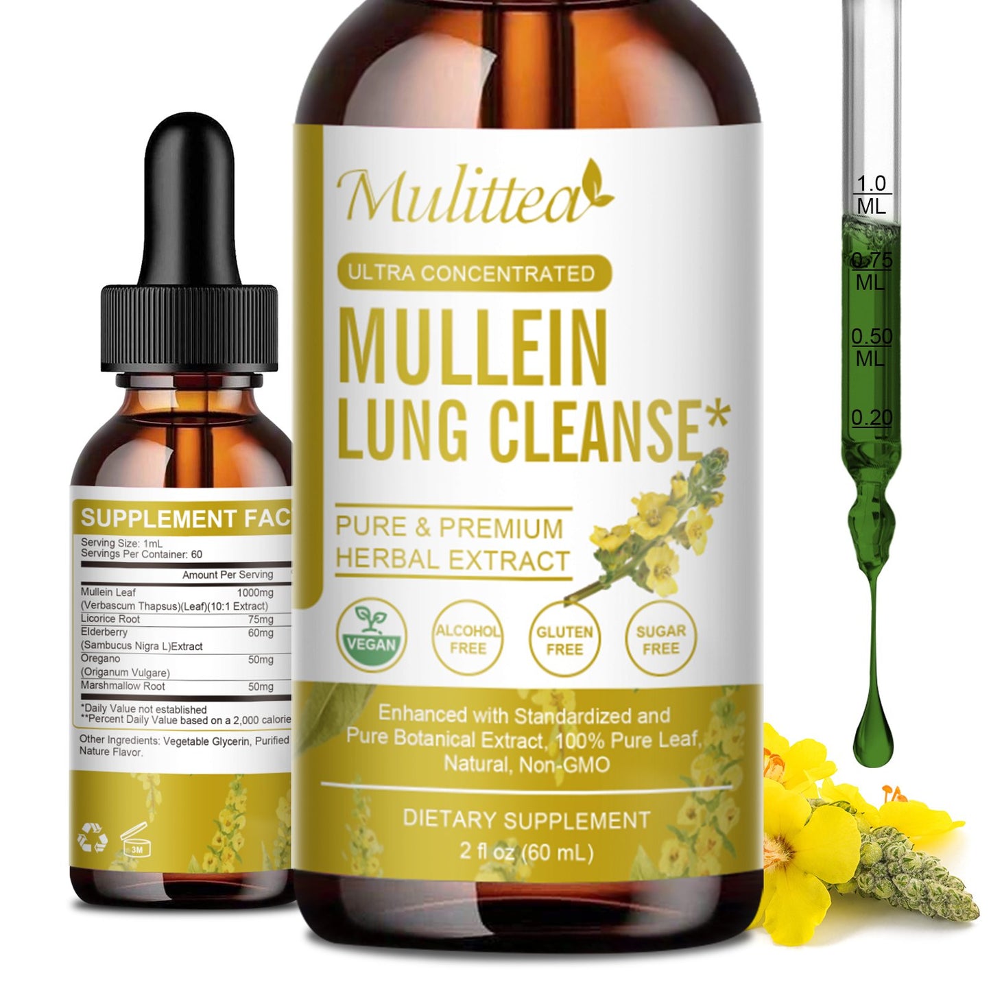Mulittea 5-in-1 Mullein Drops for Lungs – Mullein Leaf & Elderberry Extract – Respiratory Health & Lung Detox Support – Herbal Immune Supplement – 2 fl oz