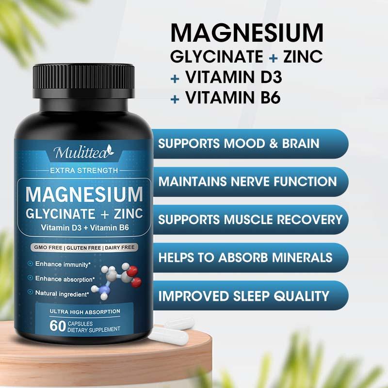 Mulittea Magnesium Glycinate 500mg Capsules with Zinc Vitamin D3 & B6 -120ct