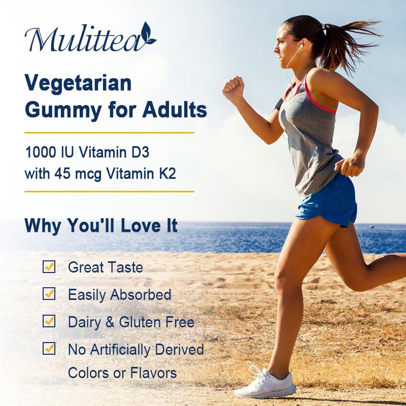Mulittea Vitamin D3 + K2 Gummies – 1000 IU D3 & 45 mcg K2 – Bone & Muscle Support, Non-GMO, Gelatin-Free