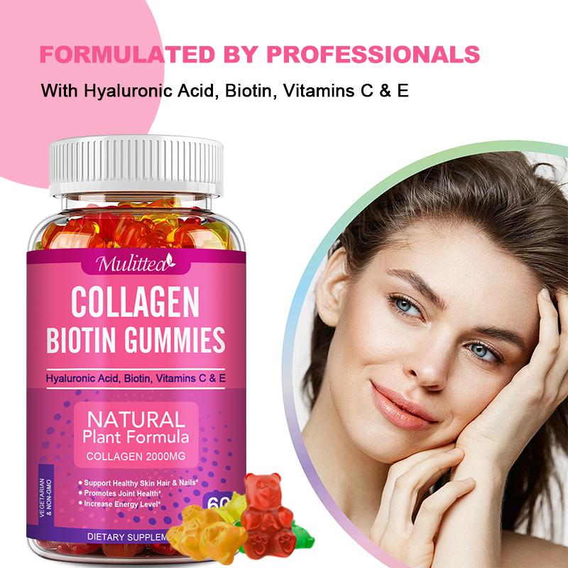 Mulittea Collagen Gummies with Biotin – Vegan Hair, Skin & Nail Vitamins with Vitamin C & E – Anti-Aging Support, 60 Gummies