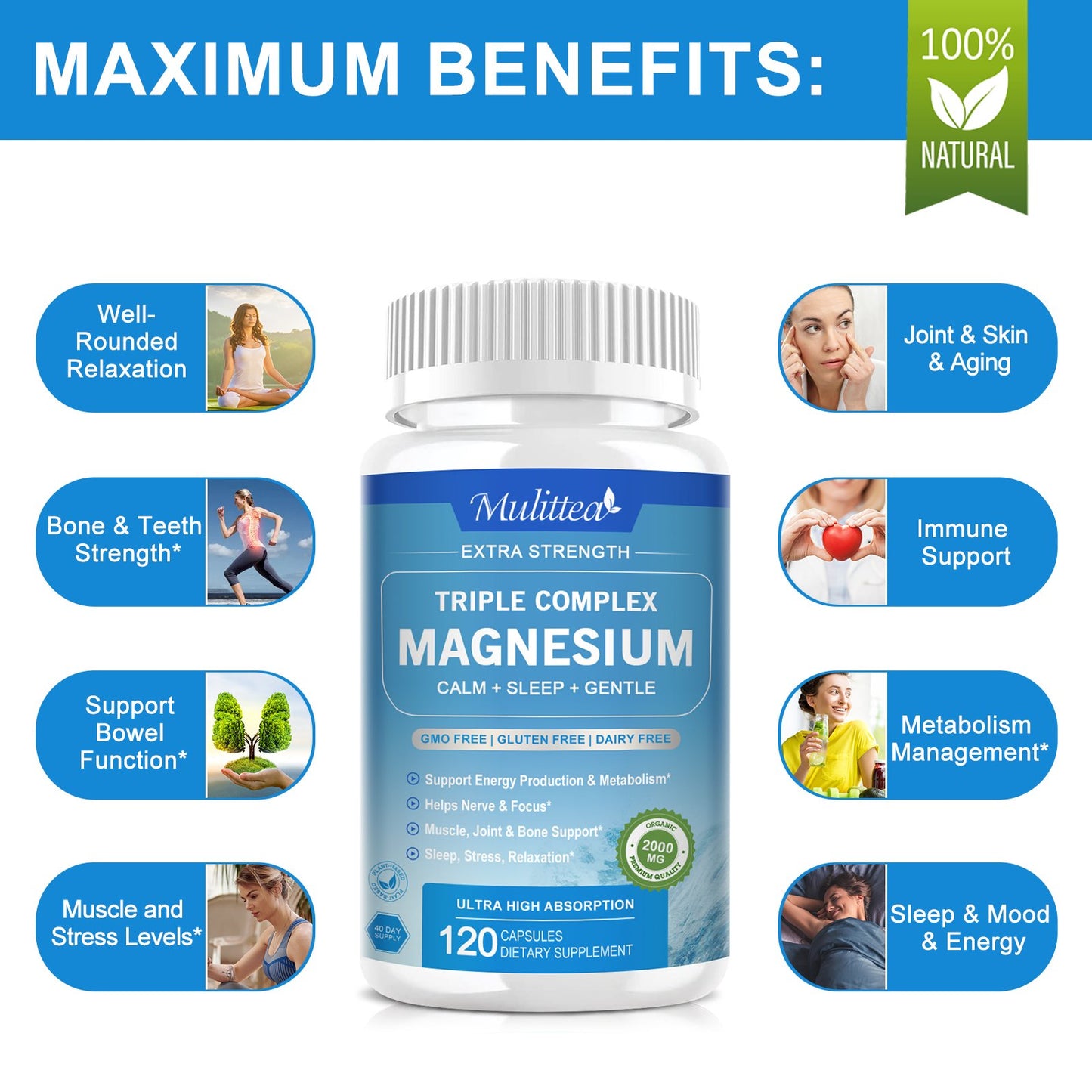 2000mg Triple Magnesium Complex - With Magnesium Glycinate, Malate, & Citrate for Muscles, Nerves, & Energy | High Absorption | Vegan, Non-GMO | 60 Capsules