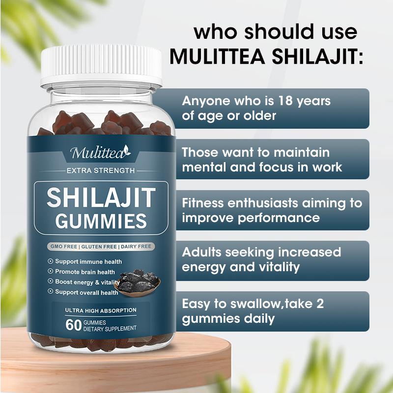 Mulittea Shilajit Gummies 800mg – 60 Strawberry Flavor Gummies (2 Pack) for Energy & Immune Support