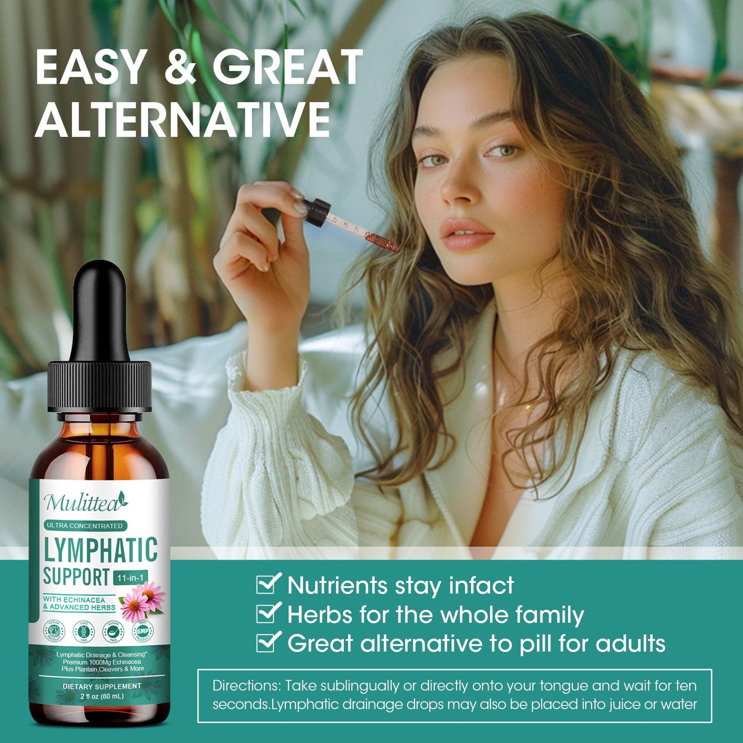 Lymphatic Drainage Drops – Vegan 11-in-1 Herbal Blend for Lymph System Support & Detox – Echinacea, Elderberry, Thyme & More – 2 Fl.oz