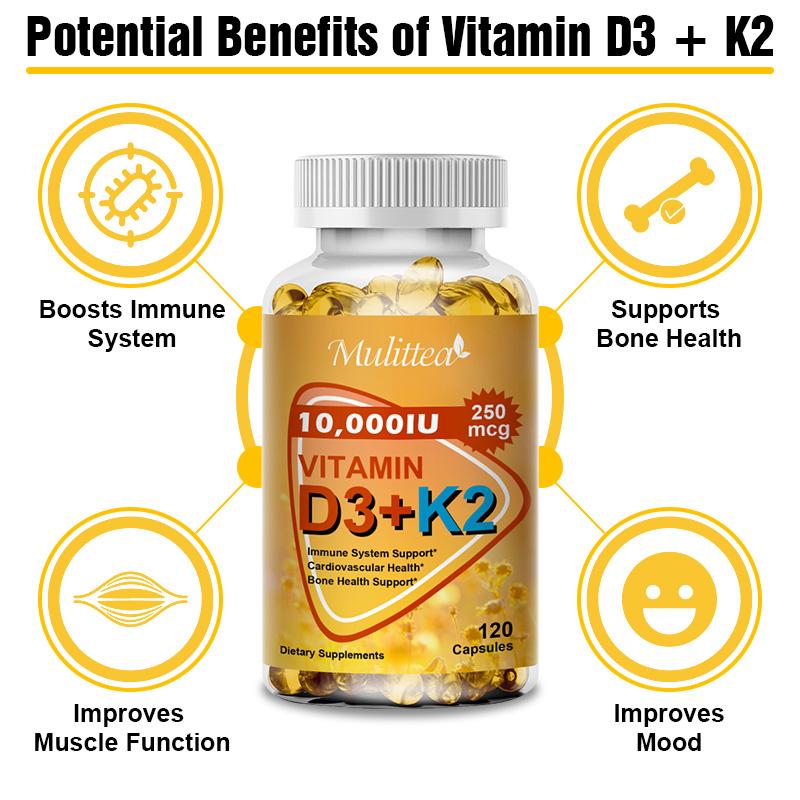Vitamin D3 + K2 MK-7 Softgels – High Potency 10000 IU | Supports Calcium Absorption, Bone Strength, Joint Flexibility & Immune Health