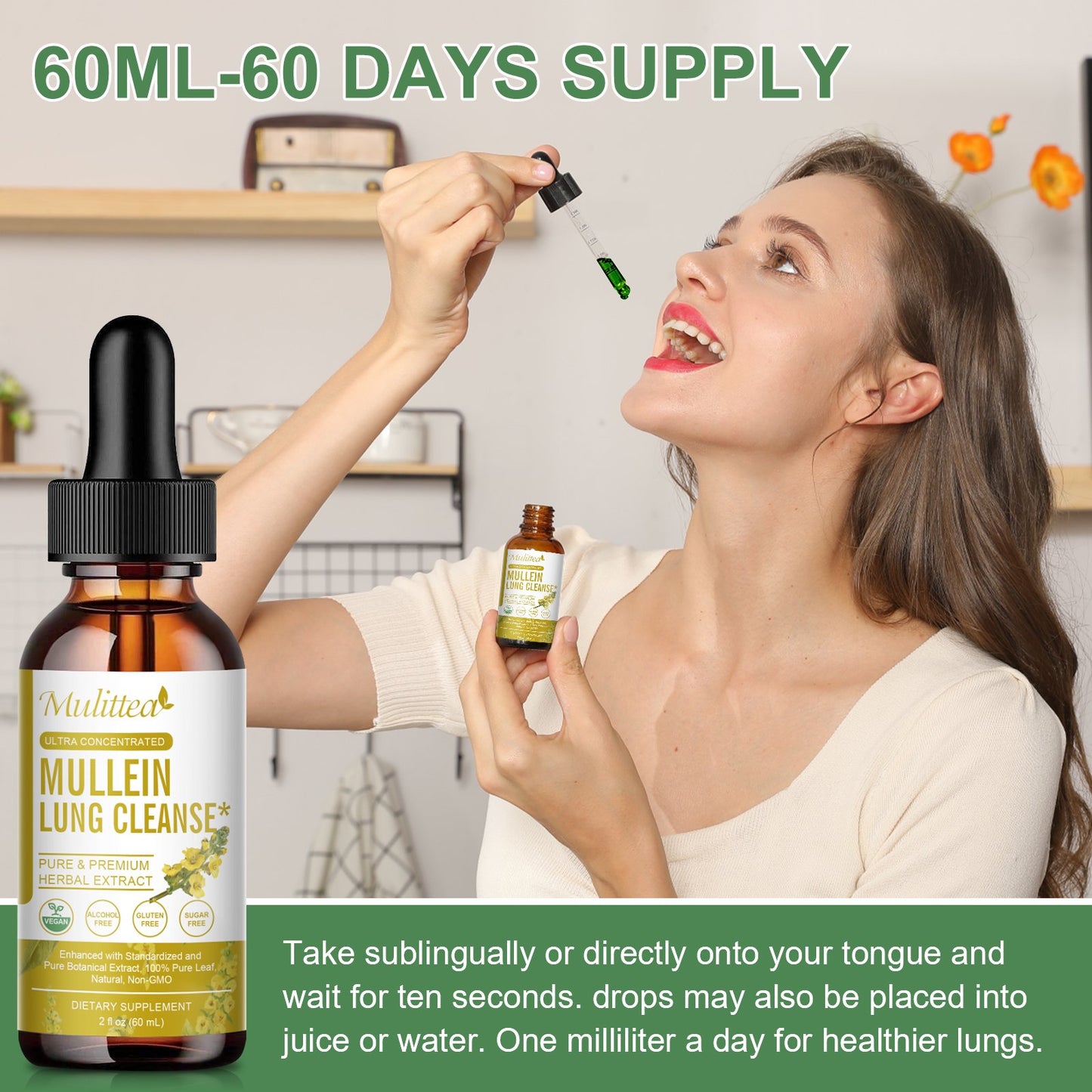 Mulittea 5-in-1 Mullein Drops for Lungs – Mullein Leaf & Elderberry Extract – Respiratory Health & Lung Detox Support – Herbal Immune Supplement – 2 fl oz
