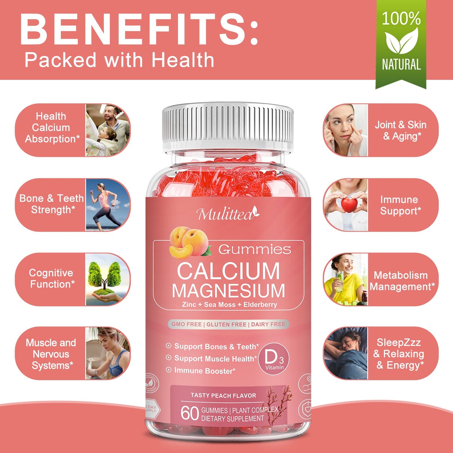 1200mg Calcium Gummies with D3,Zinc - Plant Complex Calcium Magnesium Supplement with Glycinate,Potassium,Vitamin C &Whole Natural Food for Bone & Immune Support- 120 Chewable Gummy Sugar-Free