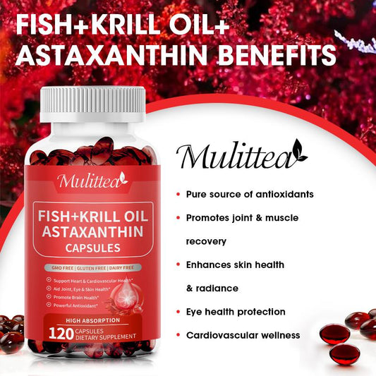 Mulittea Fish Oil + Krill Oil with EPA, DHA & Astaxanthin Supports Joint, Skin, Brain & Eye Health