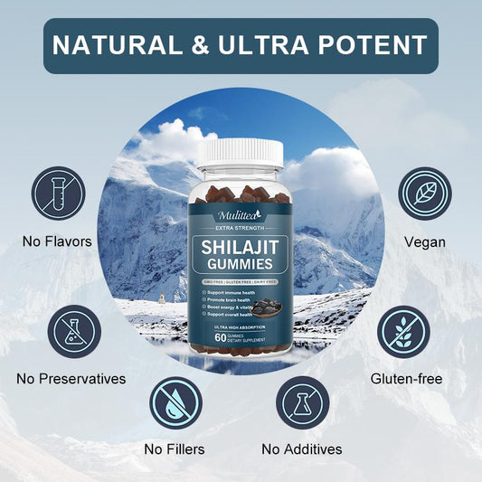 Mulittea Shilajit Gummies 800mg – 60 Strawberry Flavor Gummies (2 Pack) for Energy & Immune Support